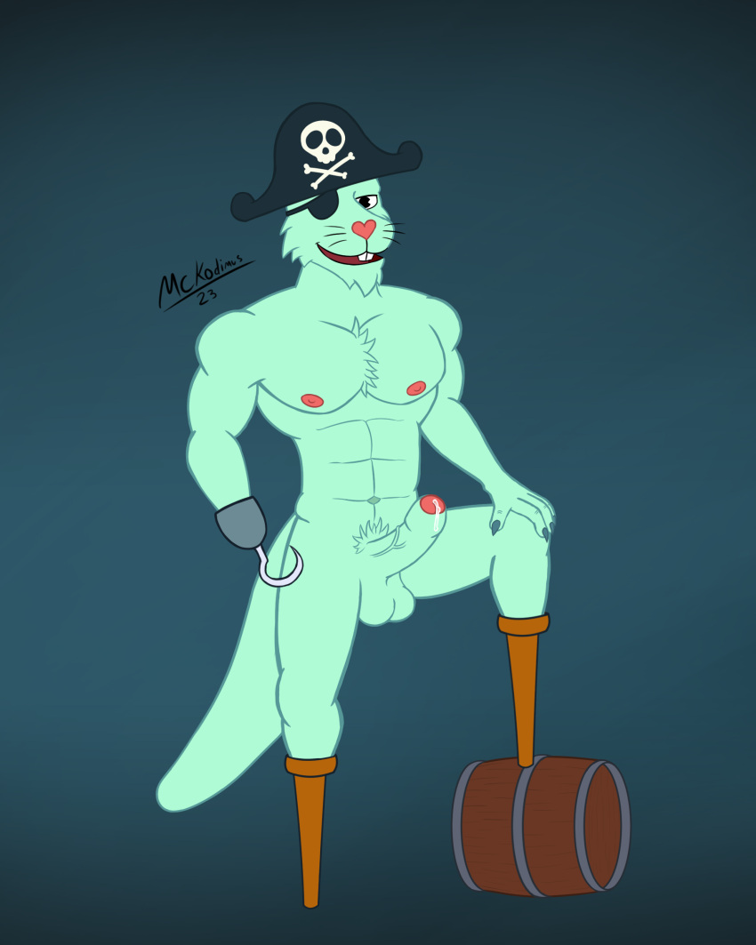 &lt;3 absurd_res amputee anthro athletic balls barrel chest_tuft disability eye_patch eyewear foreskin genitals heart_nose hi_res hook hook_hand looking_at_viewer male mammal mckodimus muscular mustelid nipples otter pegleg penis pirate pirate_hat pubes russell_(htf) sea_otter solo step_pose tuft whiskers