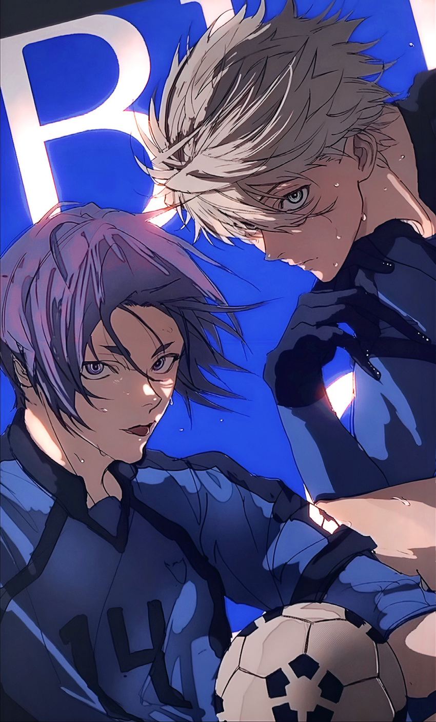 2boys :p absurdres ball black_gloves blue_background blue_lock blue_shirt bo_toike57 commentary expressionless floating_hair flying_sweatdrops gloves green_eyes hair_between_eyes highres looking_at_viewer male_focus mikage_reo multiple_boys nagi_seishirou parted_bangs parted_lips purple_eyes purple_hair shirt short_eyebrows short_hair sidelocks simple_background soccer_ball soccer_uniform sportswear sweat sweatdrop symbol-only_commentary thick_eyebrows tongue tongue_out upper_body white_hair
