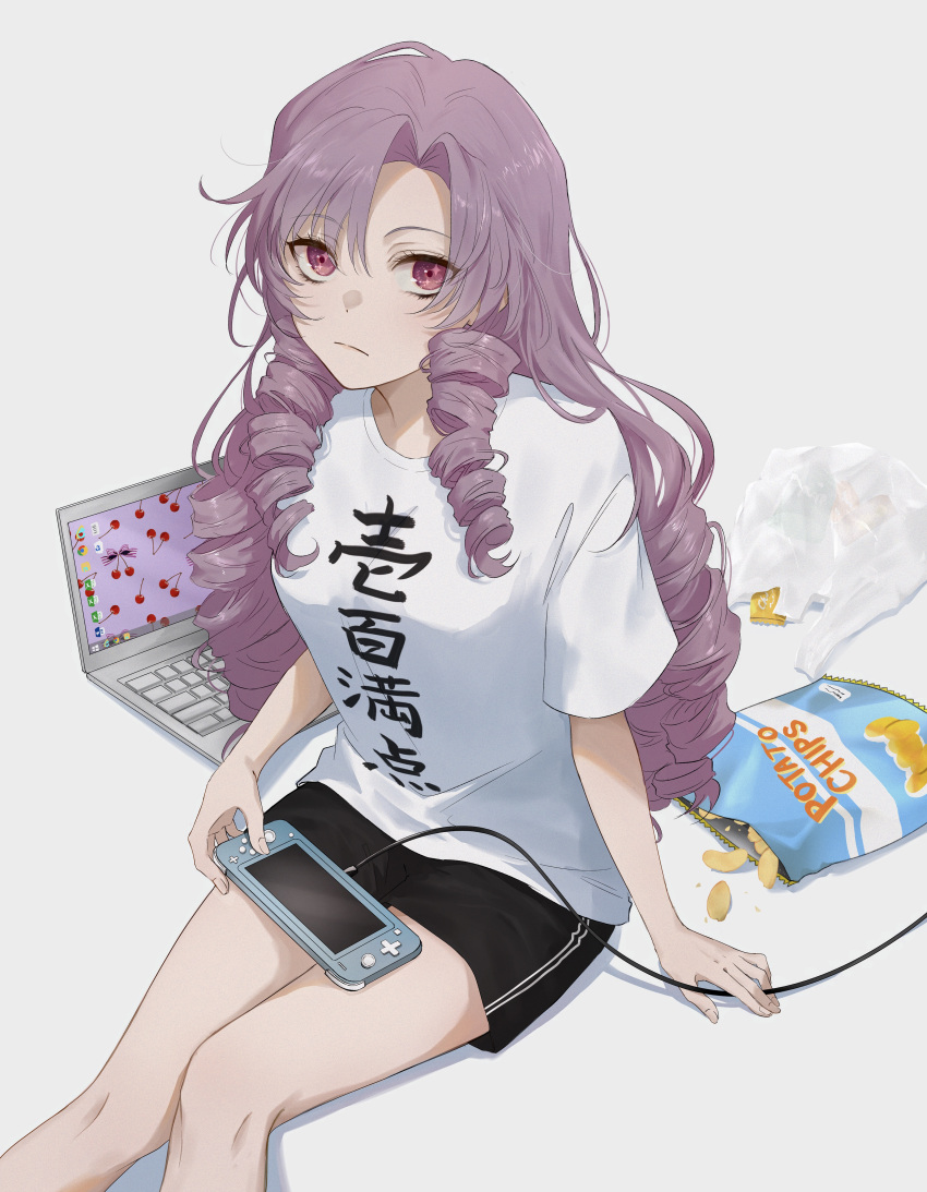 1girl absurdres bag black_shorts cable chips_(food) closed_mouth computer drill_hair food hama_m highres hyakumantenbara_salome laptop long_hair looking_at_viewer nijisanji nintendo_switch_lite plastic_bag potato_chips purple_eyes purple_hair shirt shorts simple_background sitting solo t-shirt virtual_youtuber white_background white_shirt