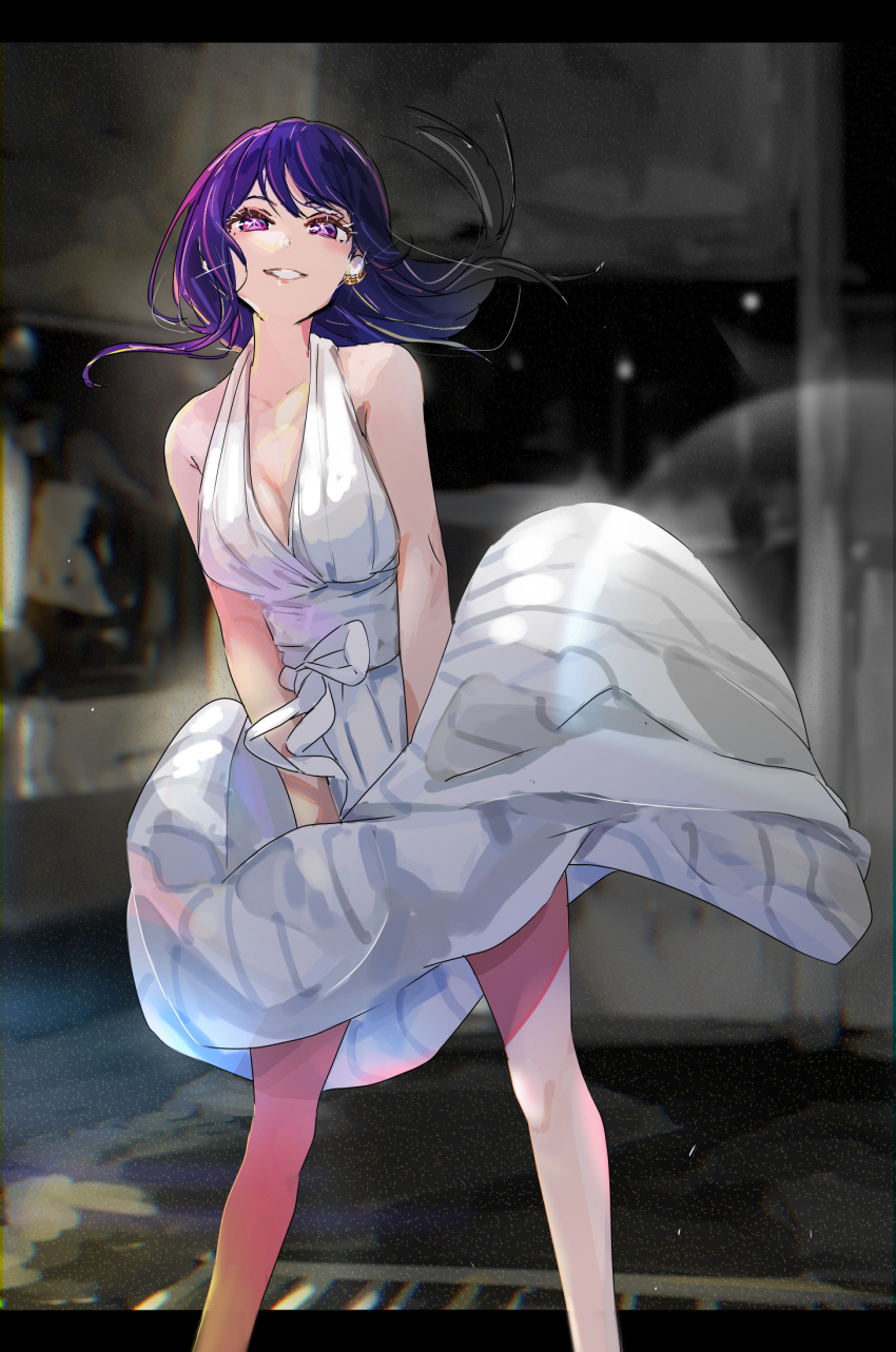 1girl bare_legs blush breasts cleavage collarbone dress earrings feet_out_of_frame floating_hair funi_mu9 glint highres hoshino_ai_(oshi_no_ko) jewelry letterboxed looking_at_viewer marilyn_monroe medium_breasts oshi_no_ko outdoors purple_eyes purple_hair skirt_hold sleeveless sleeveless_dress smile solo star-shaped_pupils star_(symbol) symbol-shaped_pupils white_dress