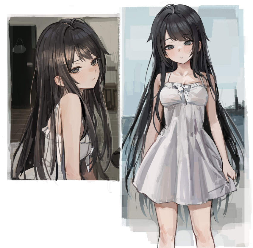 1girl absurdres bare_shoulders black_eyes black_hair blush breasts closed_mouth collarbone dress feet_out_of_frame from_side gompang_11 highres long_hair looking_at_viewer medium_breasts multicolored_background multiple_views original parted_bangs parted_lips short_dress skirt_hold sleeveless sleeveless_dress solo sundress white_background white_dress