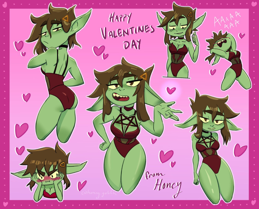 &lt;3 2023 5_fingers blush breasts butt clothed clothing collarbone english_text eyebrows female fingers goblin green_arms green_body green_butt green_ears green_fingers green_hands green_legs green_skin hair hand_on_cheek hi_res honey_goblin honey_goblin_(artist) humanoid humanoid_pointy_ears open_mouth red_tongue solo teeth text tongue