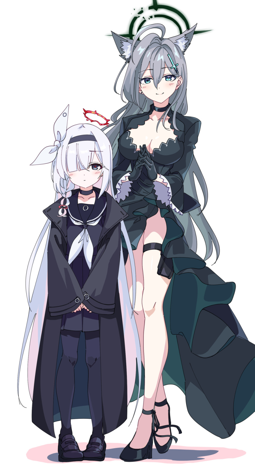 2girls animal_ear_fluff animal_ears anklet black_choker black_coat black_dress black_eyes black_footwear black_gloves black_serafuku black_skirt blue_archive blue_eyes braid breasts broken_halo choker cleavage coat collarbone colored_inner_hair commentary_request cross_hair_ornament dress earrings full_body gloves grey_hair hair_between_eyes hair_ornament hair_over_one_eye hairband halo height_difference high_heels highres holster interlocked_fingers jewelry long_bangs long_hair long_sleeves looking_at_viewer mismatched_pupils momomatang multicolored_hair multiple_girls open_clothes open_coat own_hands_clasped own_hands_together plana_(blue_archive) pleated_skirt school_uniform serafuku shiroko_(blue_archive) shiroko_(terror)_(blue_archive) side_slit simple_background single_braid size_difference skirt smile standing standing_on_one_leg thigh_holster thighlet two-tone_hair white_background white_hair wide_sleeves wolf_ears wolf_girl