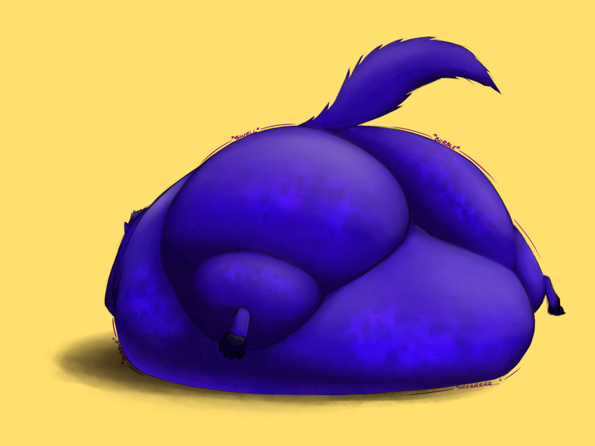 ambiguous_gender anthro belly belly_expansion belly_inflation big_belly big_butt blue_body blue_fur blueberry_inflation body_inflation butt butt_expansion canid canine canis claws expansion expansion_sound_effect fur hi_res huge_butt inflation lying mammal motion_lines nude on_front phatracc rear_view simple_background sloshing_belly solo sound_effects thick_thighs toe_claws wolf yellow_background