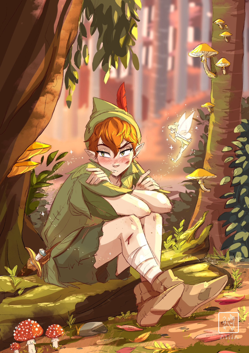 1boy 1girl artist_name boots brown_footwear brown_hair crossed_ankles crossed_arms fairy feathers fly_agaric green_eyes green_headwear green_tunic hat hat_feather highres leaf log looking_to_the_side miadresden moss mushroom outdoors peter_pan_(character) peter_pan_(disney) plant pointy_ears red_feathers short_hair sitting size_difference tinker_bell_(disney) tree watermark