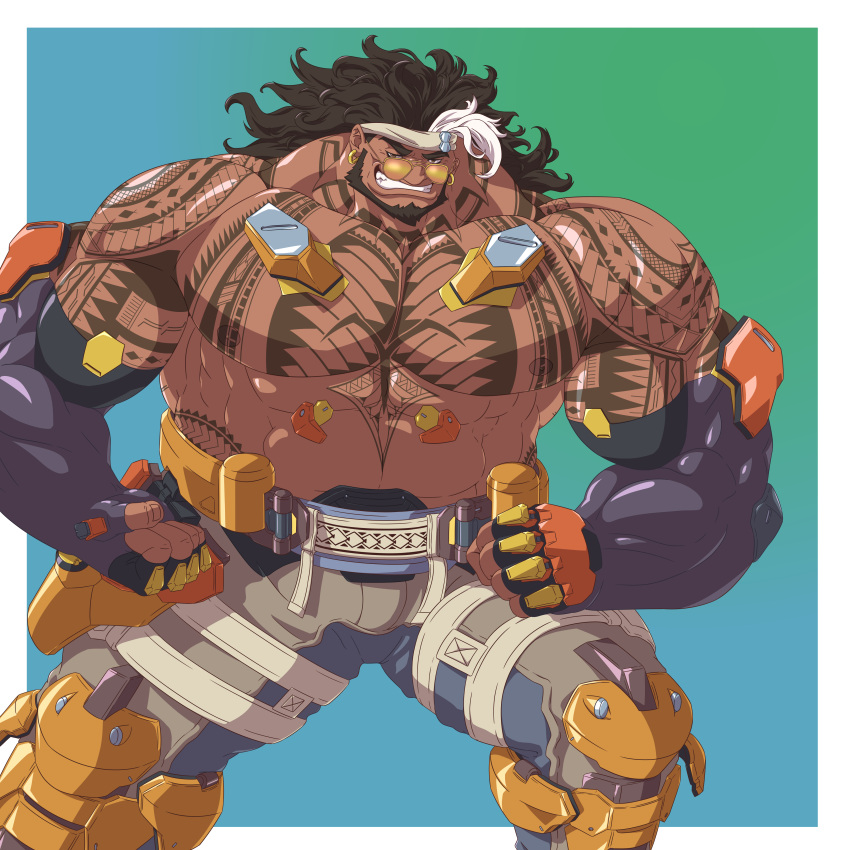 1boy abs absurdres bara black_hair bulge chest_tattoo dark-skinned_male dark_skin elbow_gloves full_beard gloves grin highres huge_pectorals legs_apart looking_at_viewer male_focus mature_male mauga_(overwatch) minatsumi muscular muscular_male navel nipples overwatch overwatch_2 smile solo standing stomach strongman_waist sunglasses tattoo thick_eyebrows topless_male