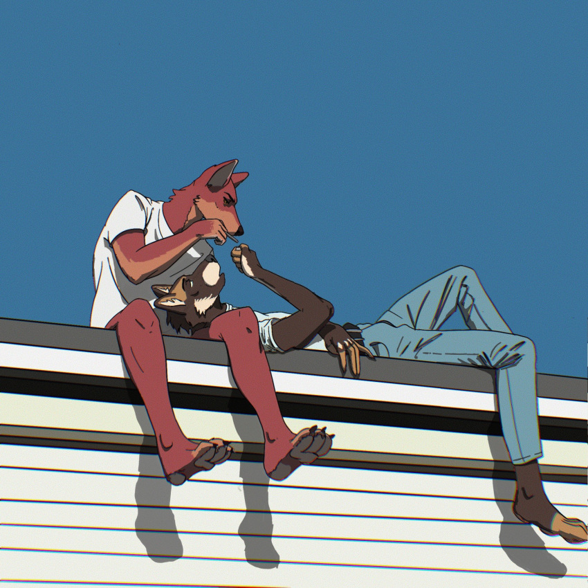 anthro belt bottomless bottomwear brown_body building canid canine canis cigarette clothed clothing conkycorp denim denim_clothing digital_media_(artwork) duo hi_res jeans male mammal on_lap on_roof outside pants red_body rooftop shirt simple_background sitting sky smoking t-shirt topwear