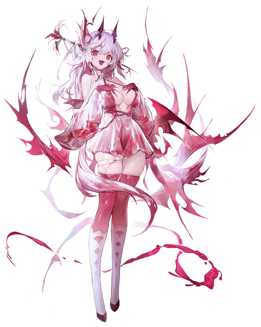 1girl absurdres agoto blush breasts cleavage dress full_body hands_on_own_chest highres horns large_breasts long_hair looking_at_viewer open_mouth original red_eyes see-through see-through_dress skindentation smile solo thighhighs white_background white_hair