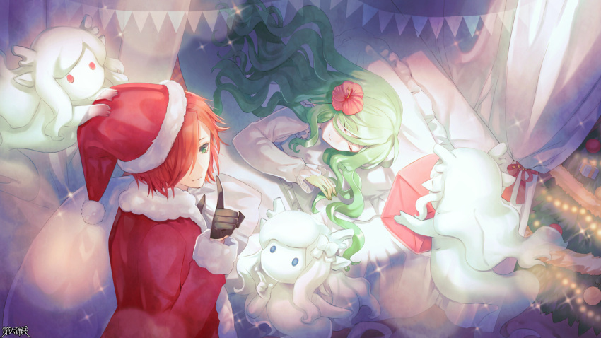 1boy 1girl 3others bed black_gloves blue_eyes christmas_tree closed_eyes coat colored_skin dairoku_ryouhei enti_shea flower ghost gift gloves gradient_skin green_skin hair_flower hair_ornament hat highres index_finger_raised long_hair lying multiple_others on_bed on_side pepper_tone pillow red_coat red_eyes red_flower red_hair sack santa_costume santa_hat sleeping sparkle togenatsu very_long_hair