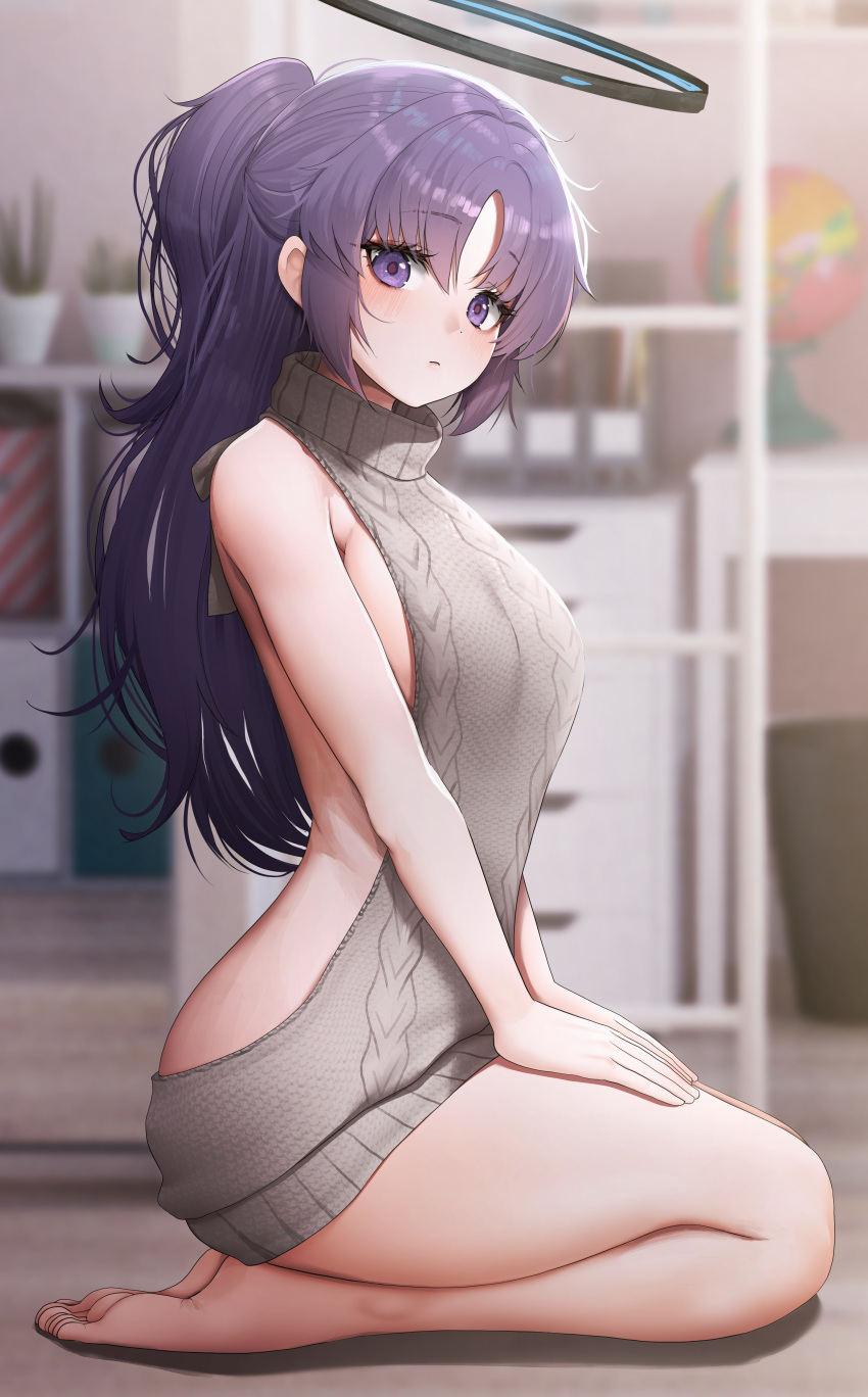 1girl absurdres backless_outfit bare_shoulders barefoot blue_archive blush breasts doyoon_7 dress halo highres long_hair looking_at_viewer meme_attire naked_sweater purple_eyes purple_hair ribbed_sweater seiza sideboob sitting sweater sweater_dress turtleneck turtleneck_sweater two_side_up virgin_killer_sweater yuuka_(blue_archive)