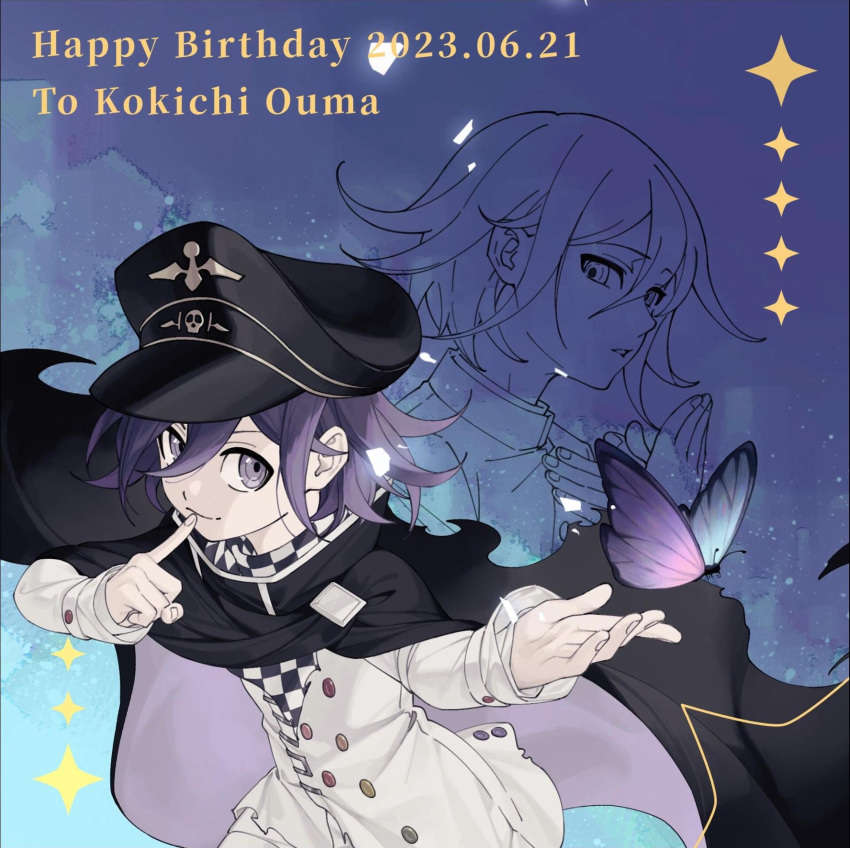 1boy black_cape black_headwear bug butterfly buttons cape character_name checkered_clothes checkered_scarf closed_mouth danganronpa_(series) danganronpa_v3:_killing_harmony dated ewa_(seraphhuiyu) hand_up happy_birthday highres jacket long_sleeves looking_at_viewer male_focus medium_hair multiple_views oma_kokichi purple_background purple_hair scarf smile white_jacket