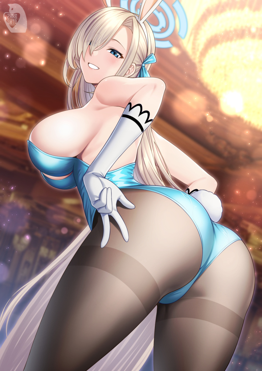 1girl animal_ears ass asuna_(blue_archive) asuna_(bunny)_(blue_archive) back bare_shoulders blue_archive blue_eyes blue_leotard blue_ribbon blush breasts brown_pantyhose casino detached_collar elbow_gloves fake_animal_ears fake_tail gloves grin hair_ribbon halo highleg highleg_leotard highres large_breasts leotard light_brown_hair long_hair looking_back official_alternate_costume pantyhose playboy_bunny rabbit_ears rabbit_tail ribbon sideboob smile solo tail thighband_pantyhose thighs very_long_hair white_gloves zaregoto_tsukai_no_deshi