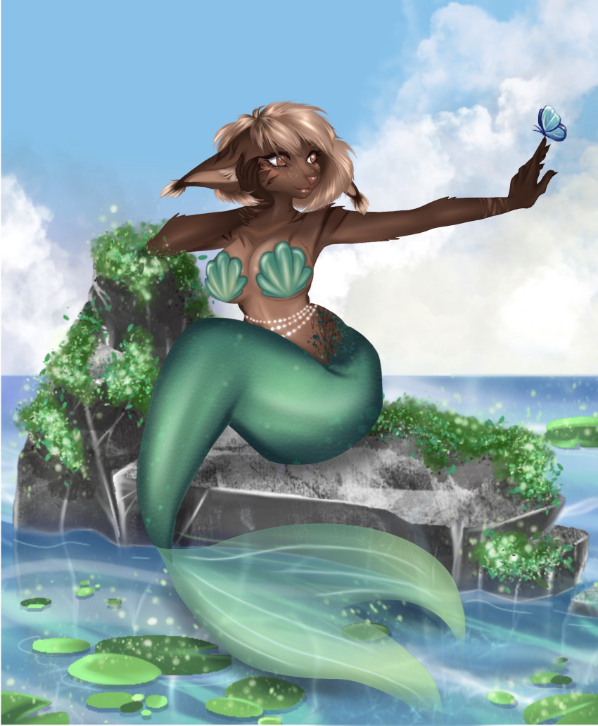 ambient_arthropod ambient_butterfly ambient_insect arthropod blonde_hair brown_body brown_fur butterfly female fur gem green_body green_scales hair hi_res holding_butterfly insect lepidopteran lily_pad looking_at_butterfly marine merfolk mermaid_tail pearl_(gem) plant saoirse_(allen_fuller) scales sea seashell seashell_bra shell sitting_on_rock solo solo_focus split_form ulada water