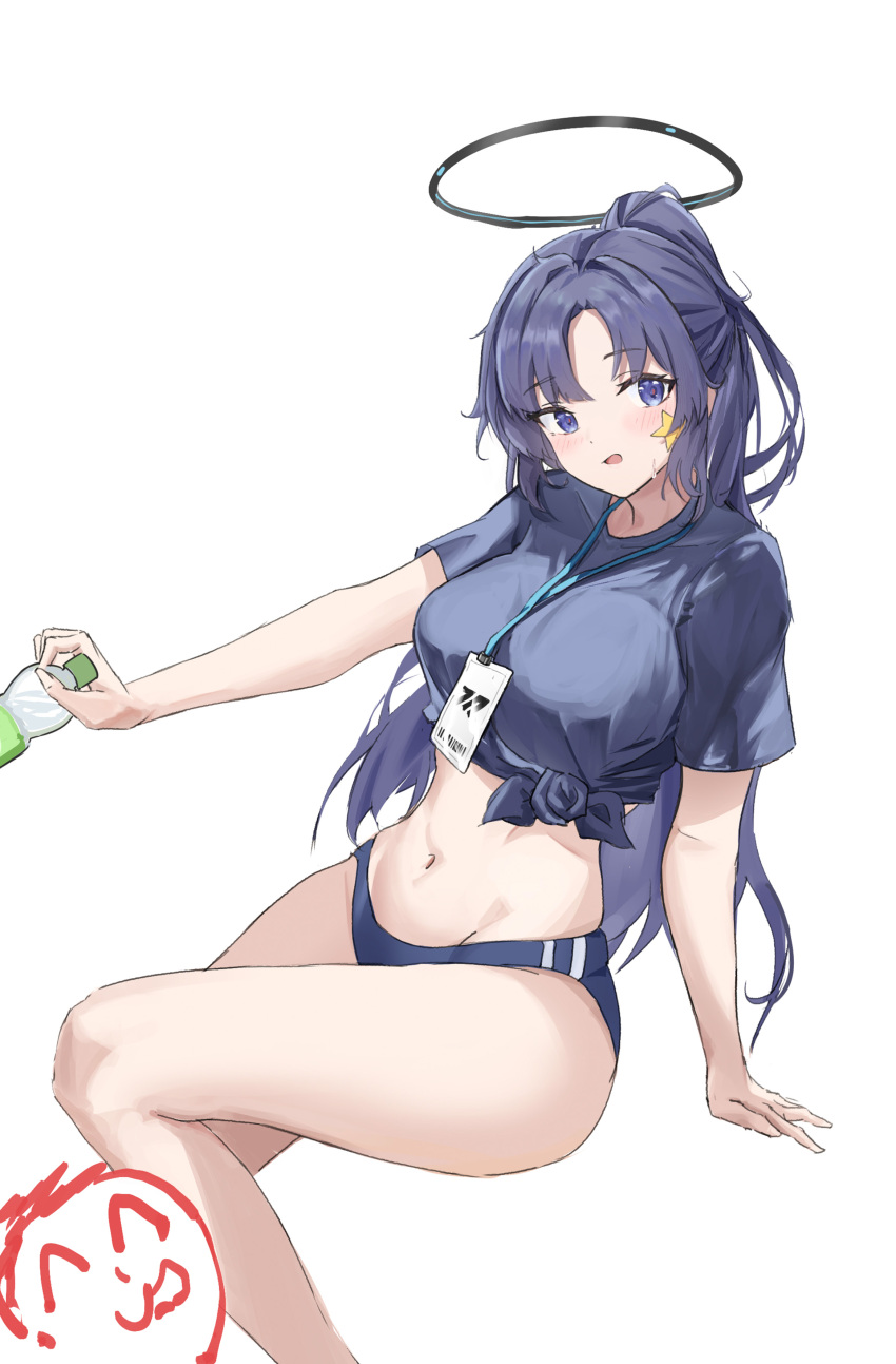 1girl absurdres bare_legs black_shirt blue_archive blue_buruma blue_eyes blue_hair blue_jacket bottle breasts buruma can142857 double_vertical_stripe front-tie_top gym_shirt gym_uniform half_updo halo highres holding holding_bottle id_card jacket lanyard large_breasts legs long_hair long_sleeves looking_at_viewer mechanical_halo midriff navel official_alternate_costume open_mouth shirt shoes short_sleeves simple_background sitting sneakers solo star_(symbol) star_sticker sticker_on_face stomach sweat t-shirt thighs tied_shirt towel very_long_hair water_bottle white_background yuuka_(blue_archive) yuuka_(track)_(blue_archive)