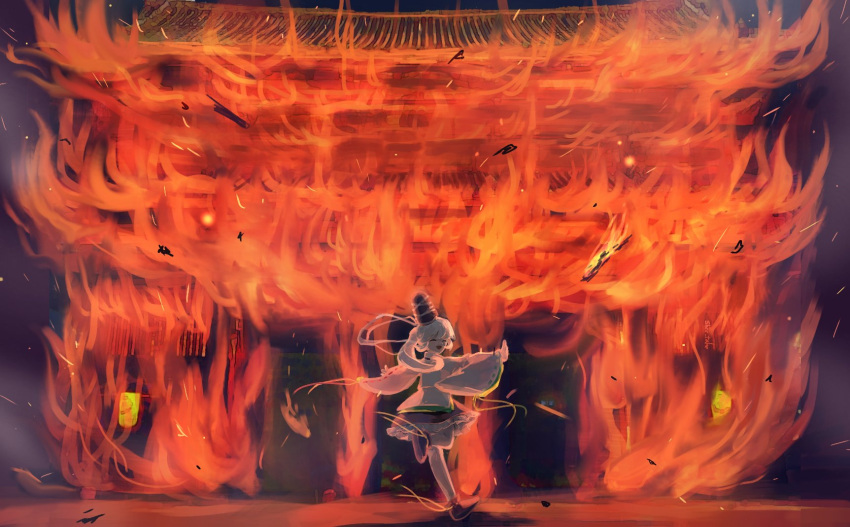 ashes building burning closed_eyes dancing fiery_background fire flame highres mononobe_no_futo night open_mouth shee_take smile touhou