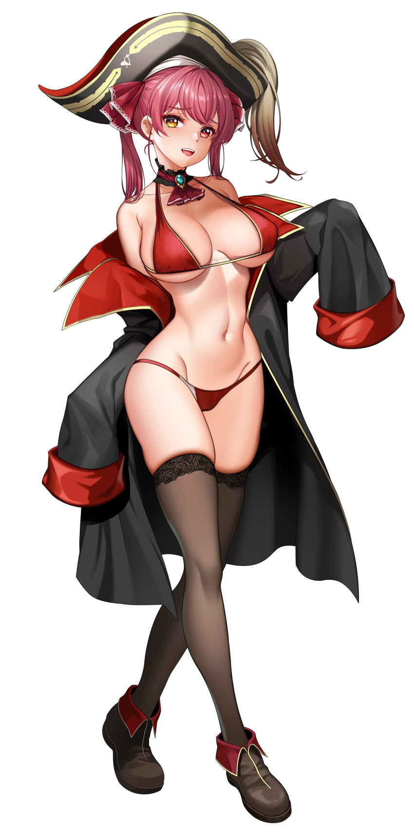 1girl :d absurdres ascot bikini black_coat breasts cameltoe coat crossed_legs dopamine70 full_body groin hat heterochromia highres hololive houshou_marine houshou_marine_(4th_costume) large_breasts navel off_shoulder open_mouth pirate_hat plume red_ascot red_bikini red_eyes red_hair simple_background skindentation sleeves_past_wrists smile solo stomach swimsuit thighhighs twintails virtual_youtuber watson_cross white_background yellow_eyes