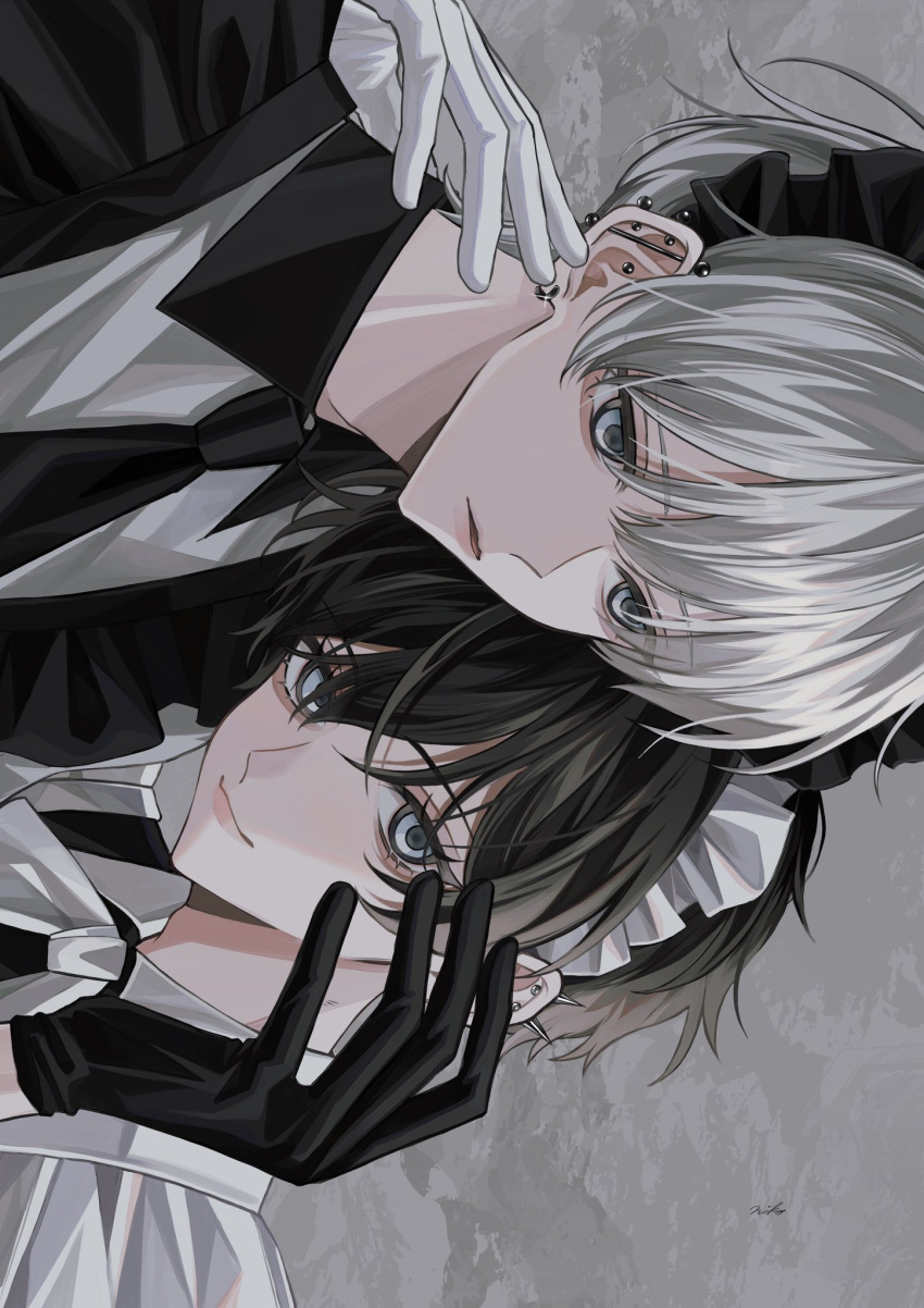 2boys apron black_gloves black_hair black_necktie blue_eyes closed_mouth ear_piercing earrings gloves grey_eyes grey_hair hair_between_eyes highres jewelry looking_at_viewer maid maid_apron male_focus multiple_boys necktie original parted_lips piercing short_hair simple_background smile sosaku_25 upper_body white_gloves