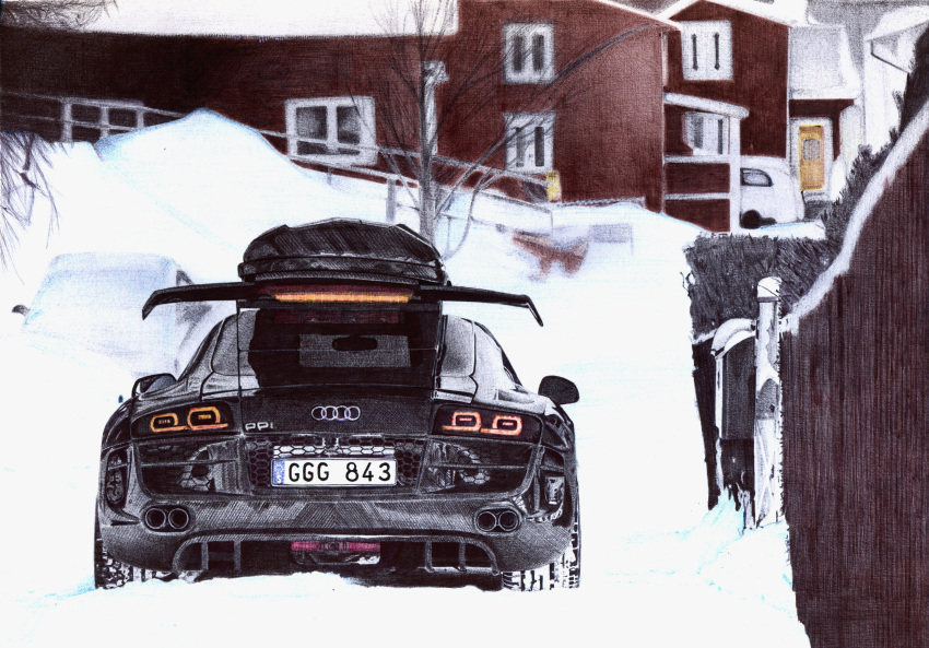 absurdres audi audi_r8 ballpoint_pen_(medium) bare_tree building car english_commentary highres license_plate motor_vehicle no_humans original outdoors pavlo_scherbatyuk race_vehicle racecar scenery snow spoiler_(automobile) traditional_media tree vehicle_focus