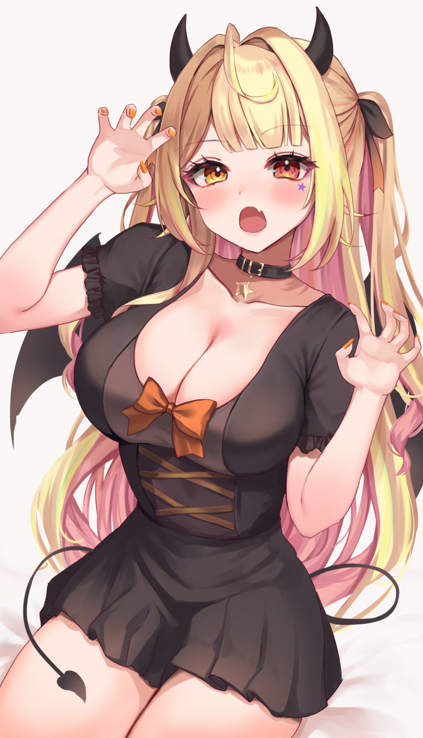 1girl absurdres black_choker black_dress black_ribbon blonde_hair blush bow breasts choker claw_pose cleavage commentary_request dress facial_mark fang frilled_sleeves frills hair_ribbon halloween hands_up heterochromia highres horns hoshikawa_sara large_breasts long_hair looking_at_viewer multicolored_hair nail_polish nijisanji open_mouth orange_bow orange_nails pink_hair pleated_dress red_eyes reityana ribbon short_sleeves simple_background sitting skin_fang solo star_(symbol) star_facial_mark tail two-tone_hair two_side_up very_long_hair virtual_youtuber yellow_eyes