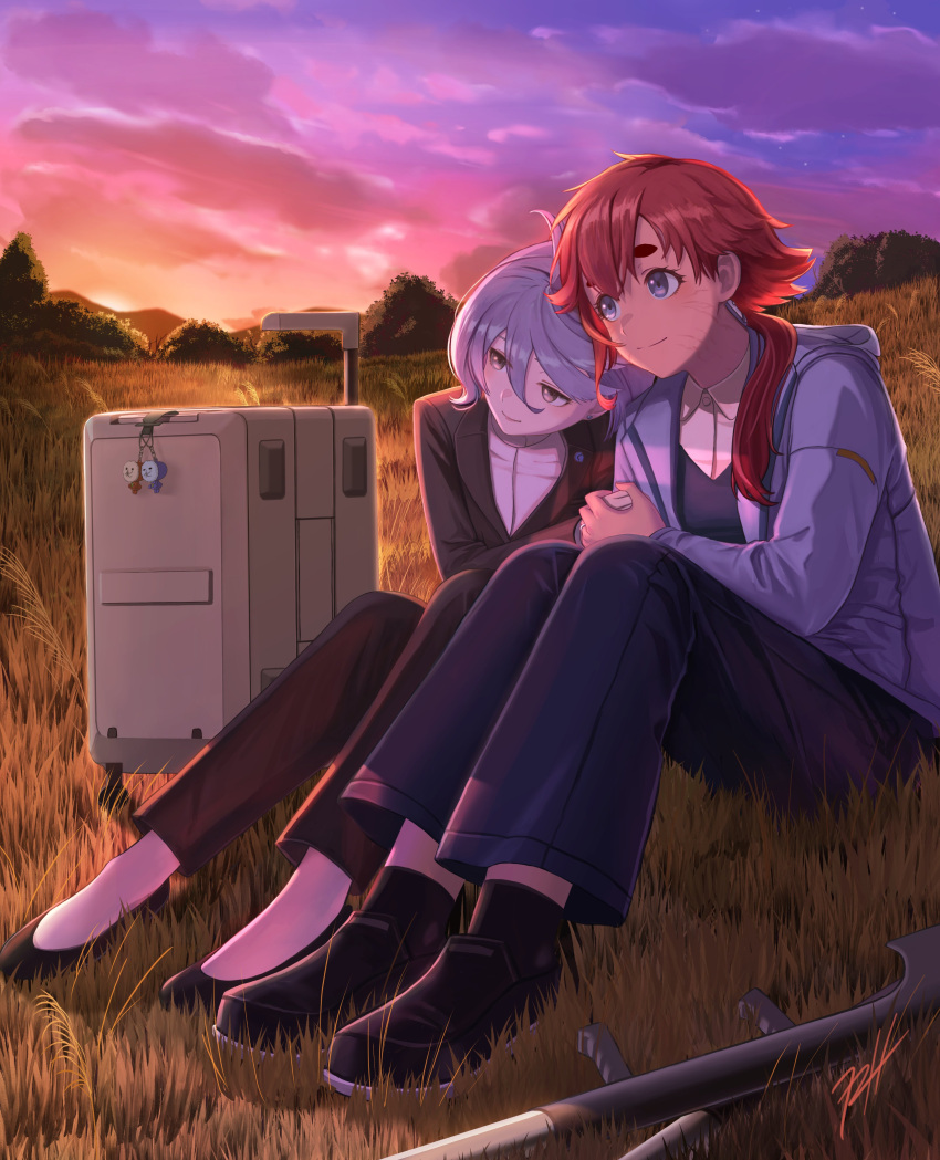 2girls absurdres ahoge blue_eyes cloud cloudy_sky cool_(gundam_suisei_no_majo) crutch grass grey_eyes gundam gundam_suisei_no_majo highres holding_hands hots_(gundam_suisei_no_majo) jacket jewelry keychain long_hair miorine_rembran multiple_girls official_alternate_hair_length official_alternate_hairstyle outdoors pants ponytail ramen_hotpot red_hair ring shoes short_hair sitting sky smile star_(sky) suit suletta_mercury sunset thick_eyebrows tree wedding_ring white_hair wife_and_wife yuri