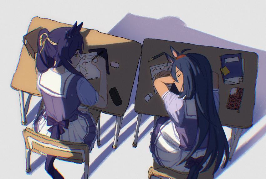 2girls animal_ears black_hair chair desk head_rest highres hishi_amazon_(umamusume) horse_ears horse_girl horse_tail long_hair looking_at_another mado_(71221497o) mouth_hold multiple_girls narita_brian_(umamusume) notebook pen pencil_case ponytail purple_shirt sailor_collar school_chair school_desk school_uniform shadow shirt short_sleeves sitting skirt sleeping stalk_in_mouth tail tail_through_clothes tracen_school_uniform umamusume white_skirt