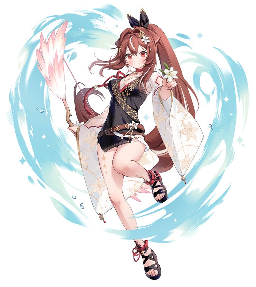 1girl bare_legs belt black_dress bow_(weapon) breasts brown_hair china_dress chinese_clothes choker commission dress feet flower hair_flower hair_ornament highres holding holding_bow_(weapon) holding_flower holding_weapon indie_virtual_youtuber leg_up legs lilya_kyomi_(fiwivt) long_hair long_sleeves looking_at_viewer loose_belt medium_breasts multicolored_hair nami_(nyaa) ponytail red_choker red_eyes sandals see-through see-through_sleeves short_dress smile solo streaked_hair thighs toenails toes very_long_hair virtual_youtuber weapon wide_sleeves