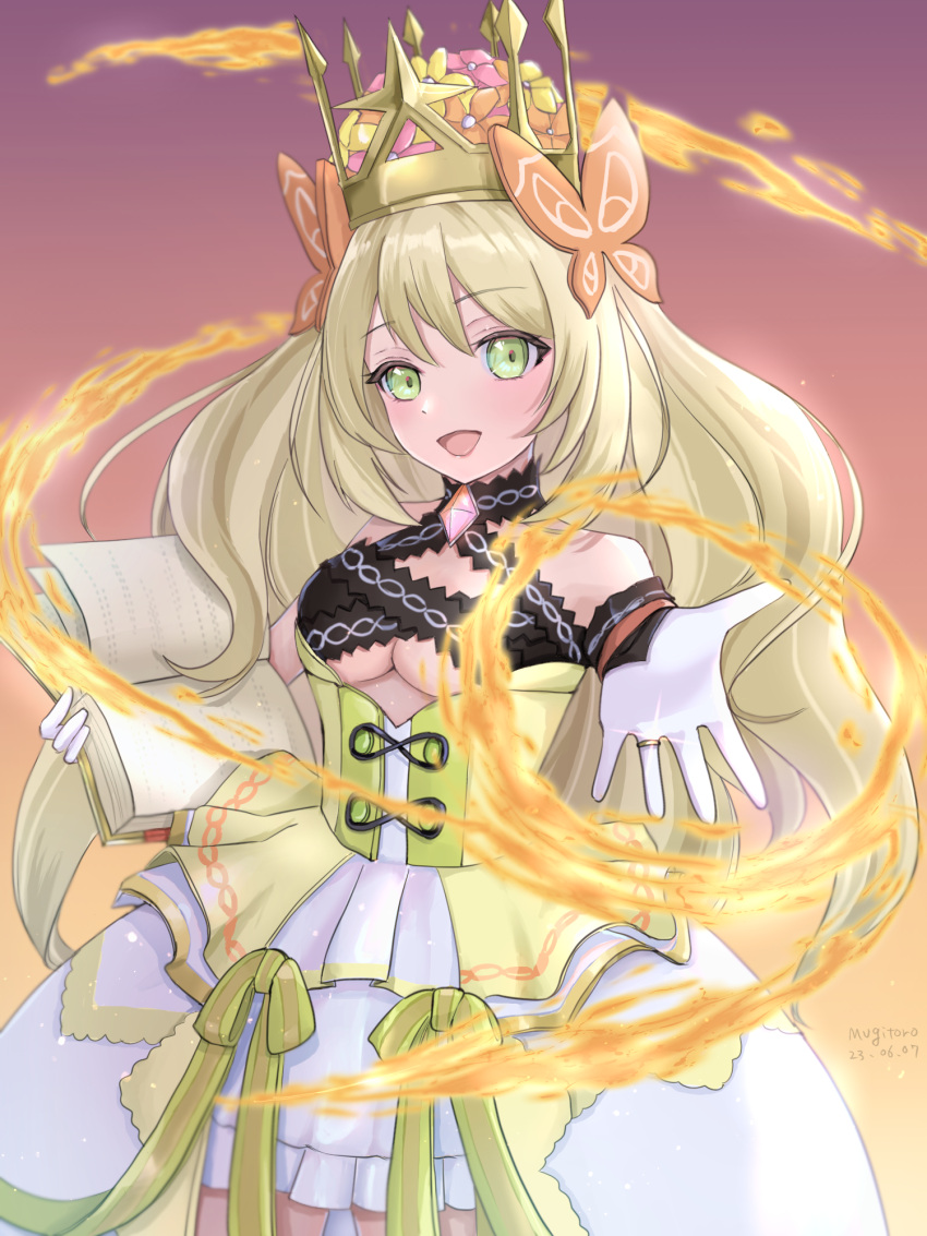 1girl :d bare_shoulders blonde_hair book bow breasts butterfly_hair_ornament celine_(fire_emblem) cleavage crown dated dress dress_bow fire fire_emblem fire_emblem_engage flower gloves green_eyes hair_flower hair_ornament highres holding holding_book jewelry long_hair looking_at_viewer mugitoro_(dsfv2277) open_book open_mouth outstretched_hand ring simple_background smile solo underboob white_gloves