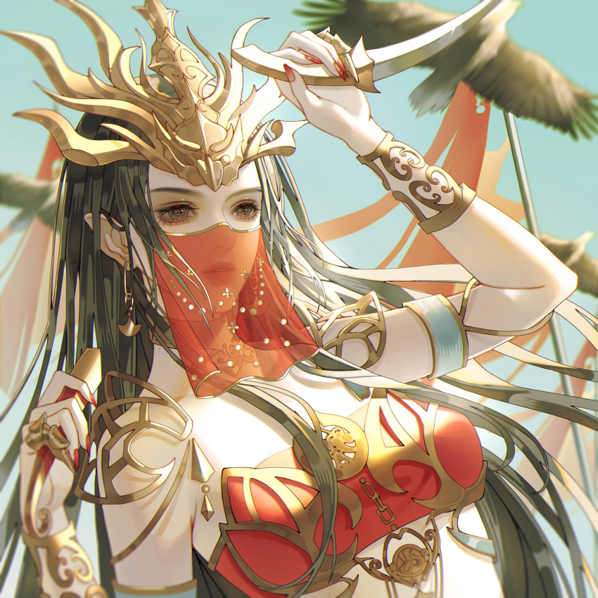 1girl arm_up artist_request bird black_hair blue_sky cai_lin_(doupo_cangqiong) collar doupo_cangqiong eagle earrings hair_ornament highres holding holding_knife jewelry knife long_hair metal_collar parted_lips pointy_ears second-party_source sky solo teeth upper_body veil