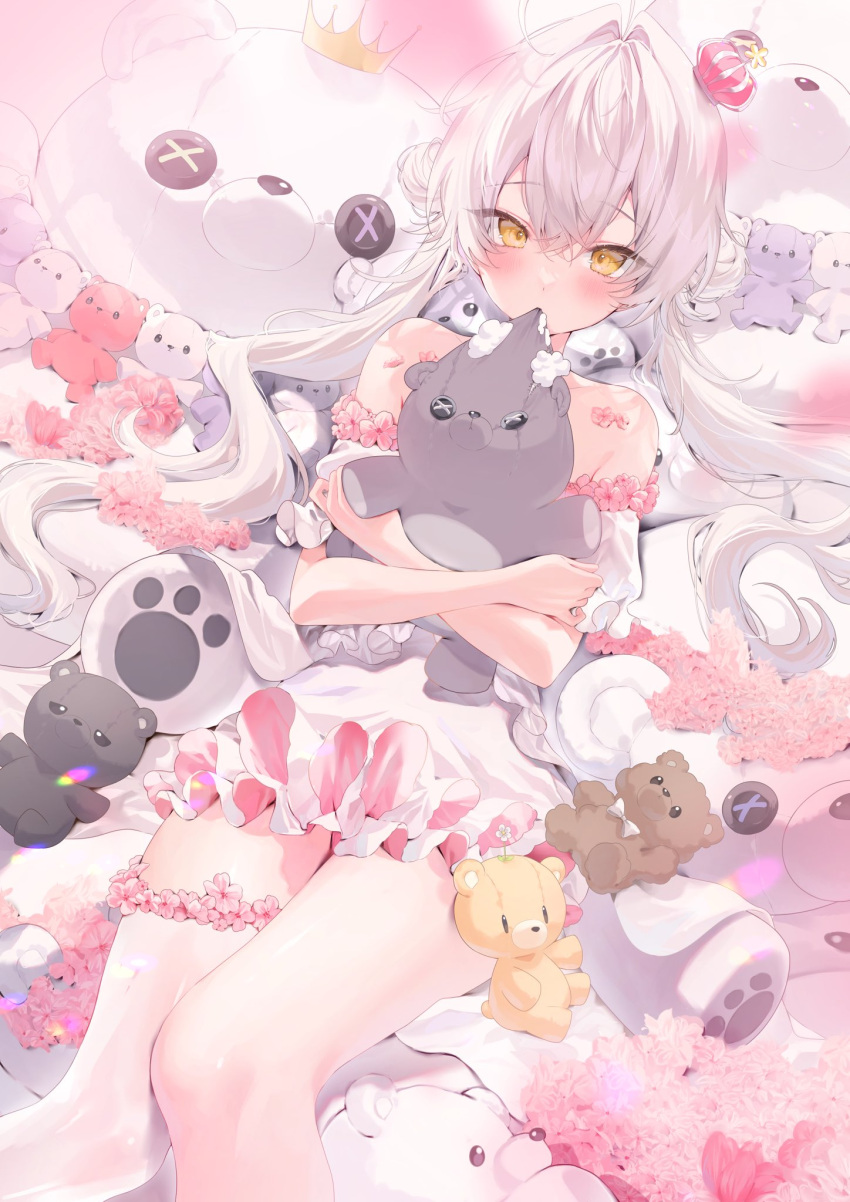 1girl ahoge bare_shoulders biting cropped_legs crossed_arms crown double-parted_bangs double_bun dress flower frilled_dress frills hair_between_eyes hair_bun harui_(hr_x9_) highres holding holding_stuffed_toy long_hair looking_at_viewer low_twintails lying mini_crown on_back original pink_flower sidelocks single_thighhigh stuffed_animal stuffed_toy teddy_bear thighhighs twintails very_long_hair white_dress white_hair yellow_eyes