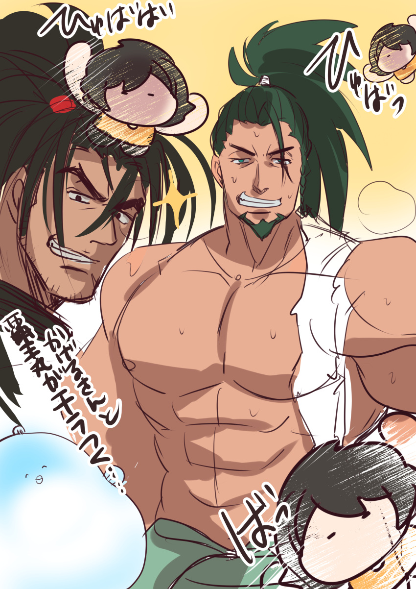 1boy 1girl abs absurdres artist_self-insert bara bare_pectorals blue_eyes braid breath bulge chibi chibi_inset collage comparison crossover dark-skinned_male dark_skin facial_hair goatee green_hair hair_strand haoumaru high_ponytail highres kageru_(mofnyan) large_pectorals long_hair look-alike looking_at_viewer male_focus mature_male motion_lines murakami_teppa muscular muscular_male nipples pectorals revenger samurai_spirits shirt short_hair sideburns single_braid sketch smirk snk sparkle sparse_stubble stomach thick_eyebrows thick_thighs thighs torn_clothes torn_shirt translation_request v-shaped_eyebrows very_sweaty