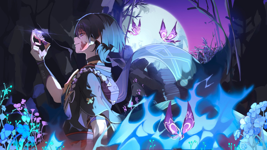 1boy absurdres black_hair blood blood_on_face blue_flower bug butterfly facing_to_the_side flower full_moon genshin_impact gnosis_(genshin_impact) gradient_background highres japanese_clothes male_focus moon purple_background purple_butterfly purple_eyes purple_flower scaramouche_(genshin_impact) short_hair solo suyi42478390