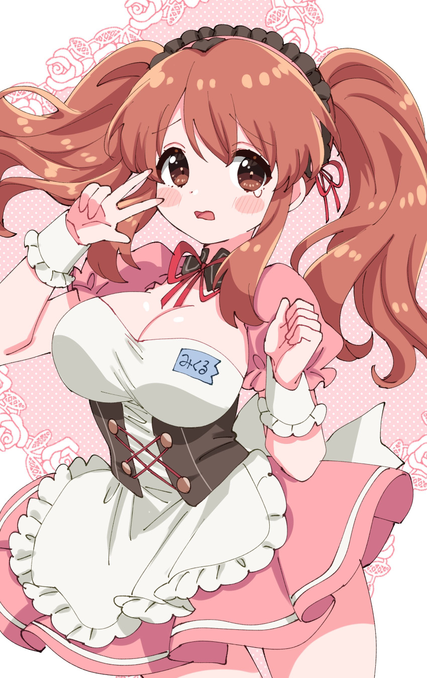 1girl absurdres asahina_mikuru black_headdress blush_stickers breasts brown_eyes brown_hair cleavage commentary_request corset cowboy_shot dress hair_ribbon highres large_breasts looking_at_viewer maid neck_ribbon official_alternate_costume pink_dress puffy_short_sleeves puffy_sleeves red_ribbon ribbon saito_katuo short_sleeves solo standing suzumiya_haruhi_no_yuuutsu teardrop twintails v wrist_cuffs