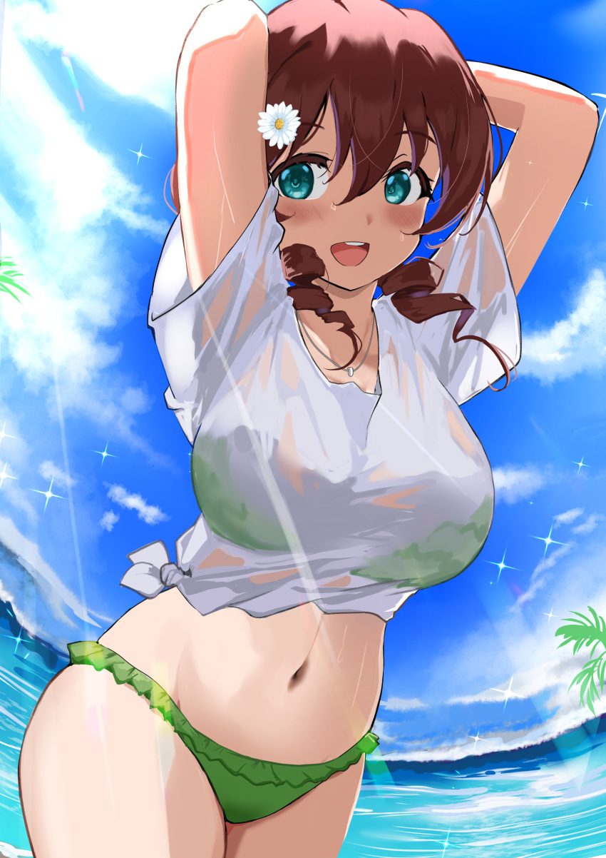 1girl absurdres arms_behind_head arms_up bikini bikini_under_clothes blue_eyes blush breasts brown_hair day drill_hair emma_verde evildaddy12 flower freckles frilled_bikini frills green_bikini hair_flower hair_ornament highres jewelry large_breasts looking_at_viewer love_live! love_live!_nijigasaki_high_school_idol_club medium_hair navel necklace ocean open_mouth outdoors palm_tree see-through shirt smile solo standing stomach swimsuit tied_shirt tree twin_drills wet wet_clothes wet_shirt white_shirt