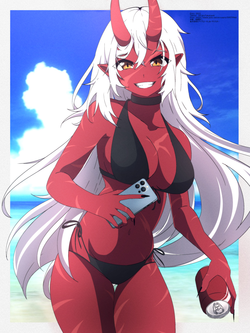 1girl absurdres akumi_(yoclesh) beach bikini black_bikini black_nails blue_sky breasts can cellphone cleavage cloud colored_skin eijiru highres holding holding_can holding_phone horns iphone large_breasts long_hair looking_at_viewer nail_polish navel oni oni_horns phone pointy_ears red_skin scar scar_on_arm scar_on_cheek scar_on_chest scar_on_face scar_on_hip scar_on_leg scar_on_stomach side-tie_bikini_bottom sky smartphone smile soda soda_can solo swimsuit virtual_youtuber vyugen water white_hair yellow_eyes