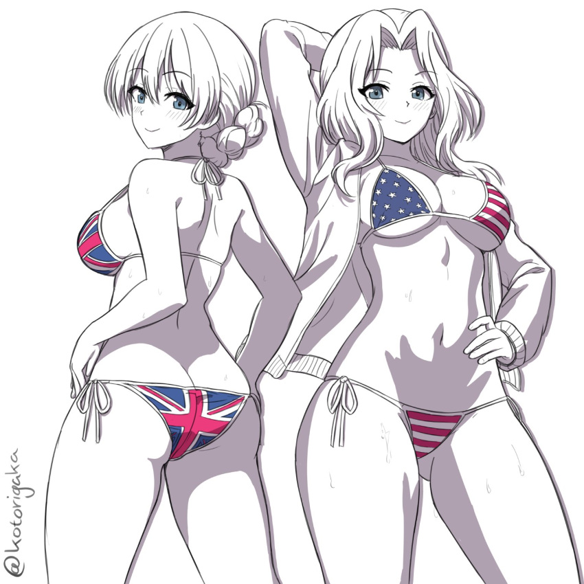 2girls american_flag_bikini bikini blue_eyes braid darjeeling_(girls_und_panzer) flag_print girls_und_panzer hair_intakes hand_on_own_hip highres jacket kay_(girls_und_panzer) kotorigaka looking_at_viewer looking_back multiple_girls open_clothes open_jacket simple_background swimsuit twitter_username union_jack_bikini white_background