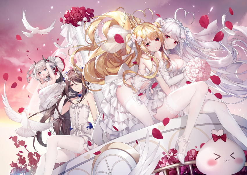 4girls absurdres ahoge animal_ear_fluff animal_ears arms_up bird black_wings blonde_hair blue_flower breasts brown_eyes brown_hair cat_ears cat_girl cleavage closed_mouth clothing_cutout commentary demon_girl demon_horns demon_wings detached_sleeves dove dress drill_hair drill_locks elbow_gloves english_commentary feathers flat_chest flower garter_straps gloves grey_hair hair_between_eyes hair_ribbon hand_up high_heels highres horns hug kneeling kurohanya_(niliu_chahui) lace-trimmed_thighhighs long_hair looking_ahead looking_at_viewer medium_breasts medium_hair multiple_girls navel_cutout niliu_chahui off-shoulder_dress off_shoulder open_mouth original outdoors parted_lips petals pink_flower pink_pupils red_eyes red_flower ribbon shione_(niliu_chahui) sidelocks sitting sleeveless sleeveless_dress smile teeth thighhighs tokisaki_asaba tokisaki_mio twintails upper_teeth_only very_long_hair white_dress white_feathers white_footwear white_gloves white_hair white_ribbon white_thighhighs white_veil wide_sleeves wings