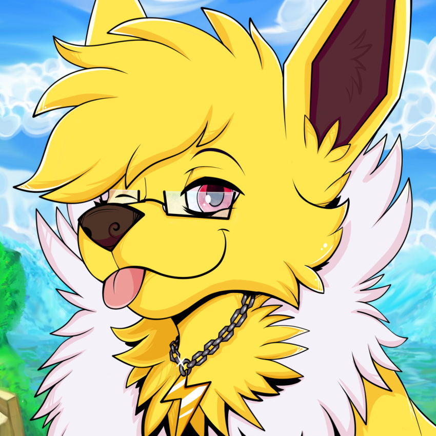 1:1 augury_(artist) blep eeveelution eyewear feral fluffy generation_1_pokemon glasses hi_res icon jewelry jolteon male necklace nintendo one_eye_closed outside pokemon pokemon_(species) solo tongue tongue_out volty wink