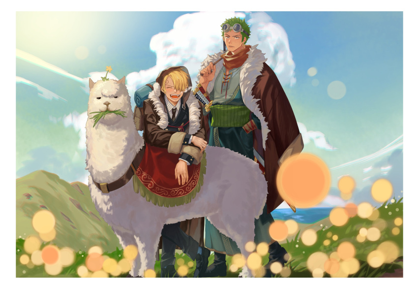 2boys :d ^_^ absurdres alternate_costume animal blonde_hair closed_eyes cloud coat coat_on_shoulders curly_eyebrows flower fur-trimmed_coat fur_trim goggles goggles_on_head grass green_hair hair_over_one_eye haramaki hat highres jennyandloiryan leaning_forward leaning_on_animal llama male_focus multiple_boys necktie one_piece outdoors roronoa_zoro sanji_(one_piece) scarf smile