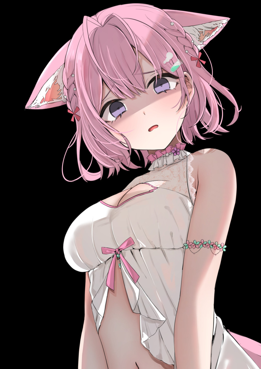 1girl absurdres animal_ears babydoll bare_shoulders black_background braid breasts choker cleavage flower_armlet flower_choker frilled_choker frills hakui_koyori highres hololive navel nerorigogo parted_lips pink_hair pink_ribbon purple_eyes ribbon short_hair sleeveless solo test_tube_hair_ornament white_babydoll wolf_ears