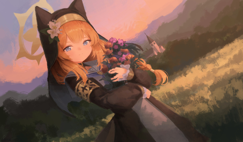 1girl absurdres akizuki_kawakaze animal_ear_headwear black_headwear blue_archive blue_eyes blush closed_mouth coif flower habit halo hat hat_flower highres holding holding_flower long_hair long_sleeves looking_at_viewer mari_(blue_archive) nun orange_hair outdoors pink_flower purple_flower smile solo white_flower yellow_halo