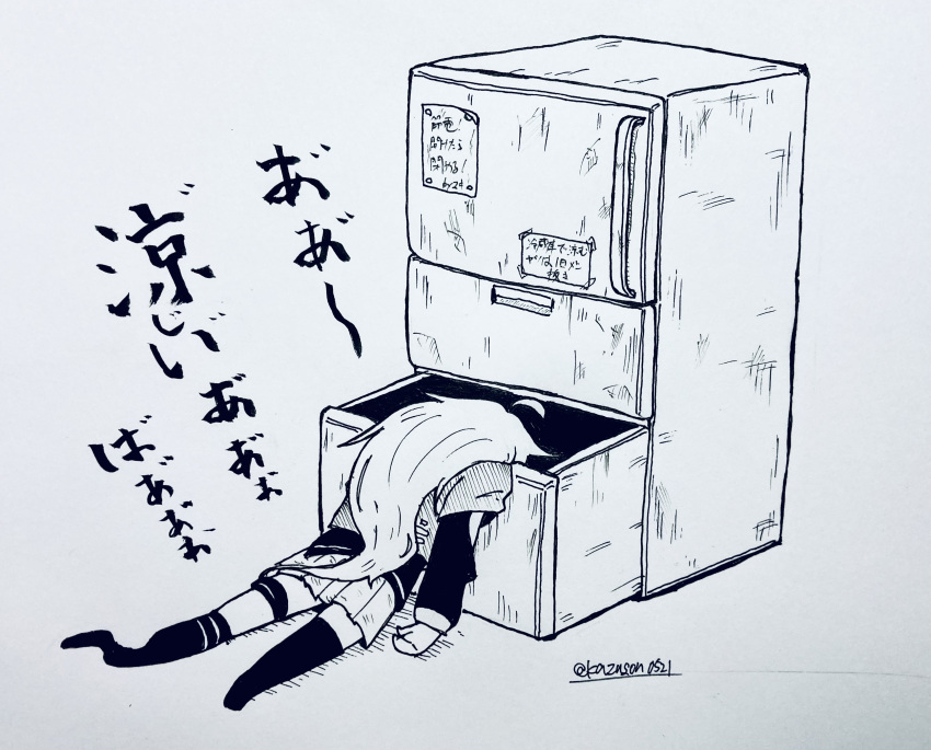 1girl absurdres ahoge asymmetrical_legwear commentary_request datsan highres ia_(vocaloid) long_hair marker_(medium) monochrome no_shoes pleated_skirt refrigerator skirt solo thighhighs traditional_media translation_request twitter_username uneven_legwear vocaloid