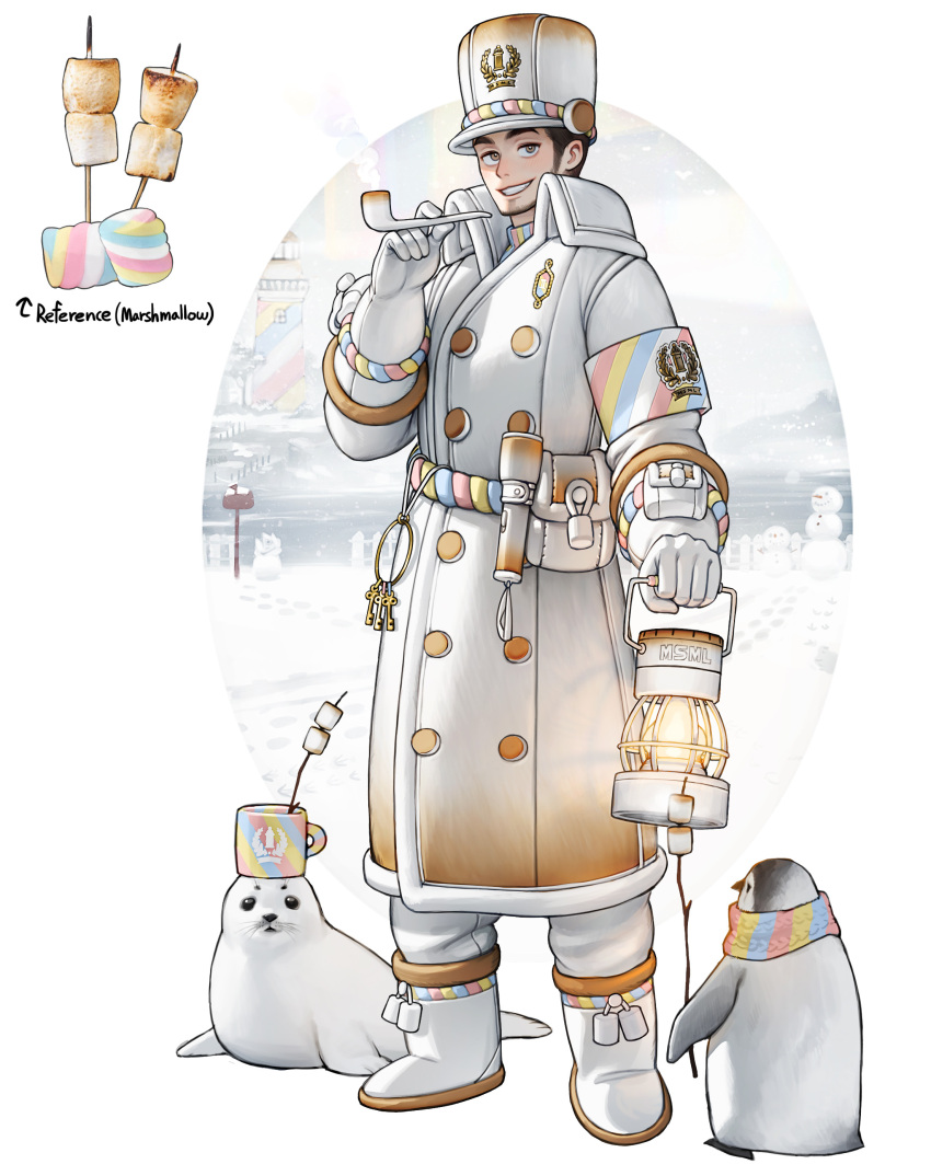 1boy absurdres bird black_hair boots brown_eyes coat facial_hair food full_body gloves grey_sky highres holding holding_smoking_pipe lantern lighthouse long_sleeves looking_at_viewer male_focus marshmallow original pants parted_lips penguin personification rainbow_scarf rinotuna roasted_marshmallow seal_(animal) sky smile smoking_pipe snowman solo standing stubble white_coat white_footwear white_gloves white_headwear white_pants winter_clothes
