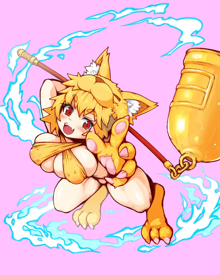 1girl :d animal_feet animal_hands animal_hat arm_behind_back arm_up bell blonde_hair blush body_fur bottomless breasts claws cleavage covered_nipples criss-cross_halter croquis digitigrade fangs fox_girl fox_hat full_body hair_between_eyes halterneck hat highres large_breasts looking_at_viewer moonlight_flower no_pussy open_mouth outstretched_arm pawpads pink_background ragnarok_online red_eyes short_hair simple_background smile solo staff teeth thick_eyebrows thighs upper_teeth_only yellow_fur yellow_headwear