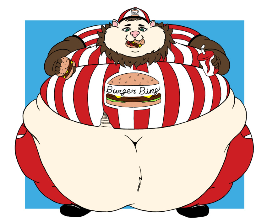 anthro belly belly_overhang beverage big_belly bitterbosc brown_body brown_fur burger chubby_cheeks clothed clothing domestic_ferret double_chin eating english_text fat_rolls food food_in_mouth fur hat headgear headwear holding_beverage holding_burger holding_food holding_object love_handles male mammal moobs morbidly_obese morbidly_obese_anthro morbidly_obese_male mustelid musteline navel obese obese_anthro obese_male overweight overweight_anthro overweight_male ruff smile solo standing tan_body tan_fur terry_(worshippers_of_the_gain) text thick_thighs torn_clothing true_musteline uniform weasel wide_hips worshippers_of_the_gain