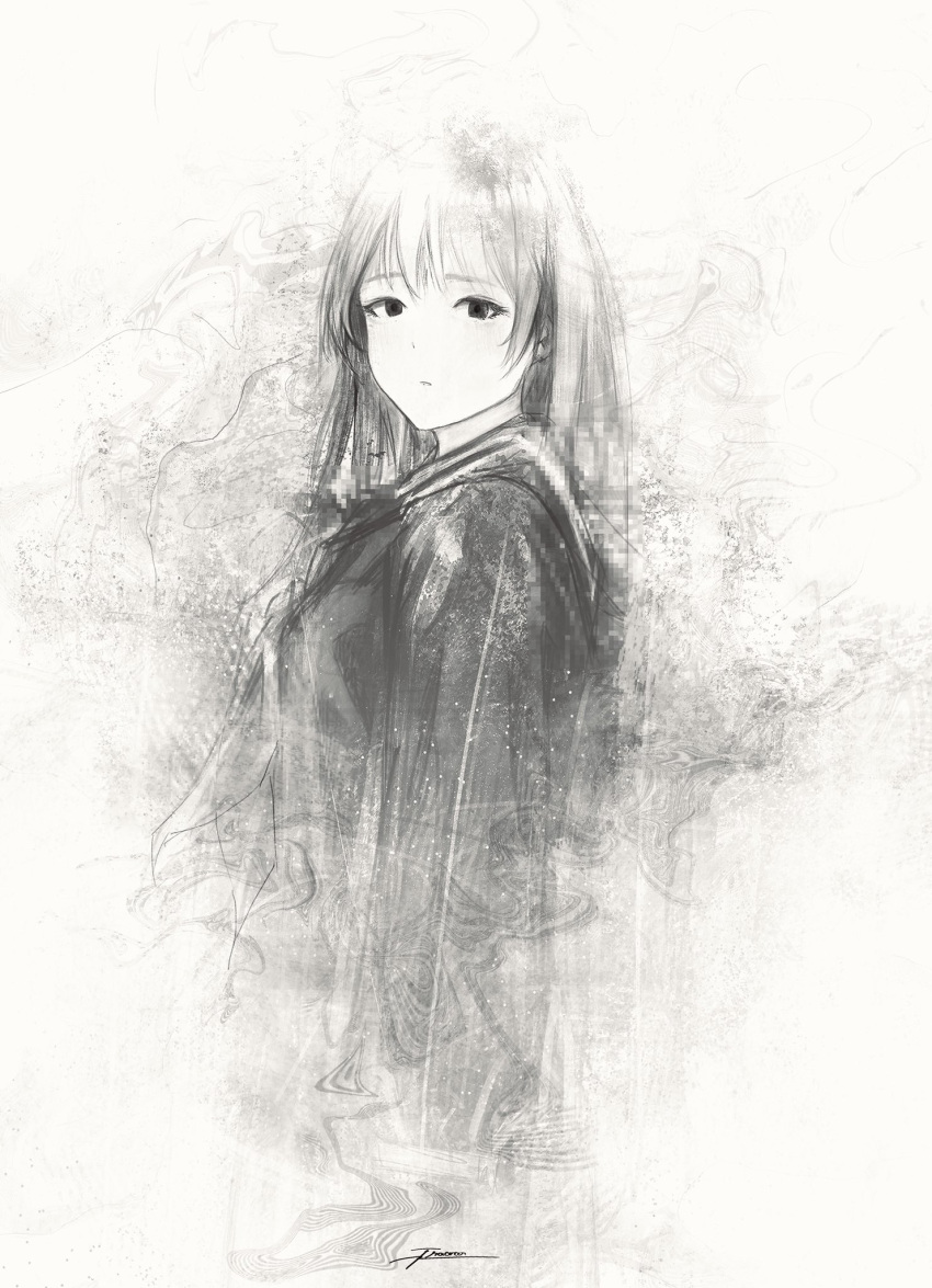 1girl cropped_torso dissolving fracoco glitch grey_eyes highres long_hair looking_at_viewer looking_to_the_side monochrome neckerchief original parted_lips sailor_collar school_uniform serafuku signature simple_background solo white_background