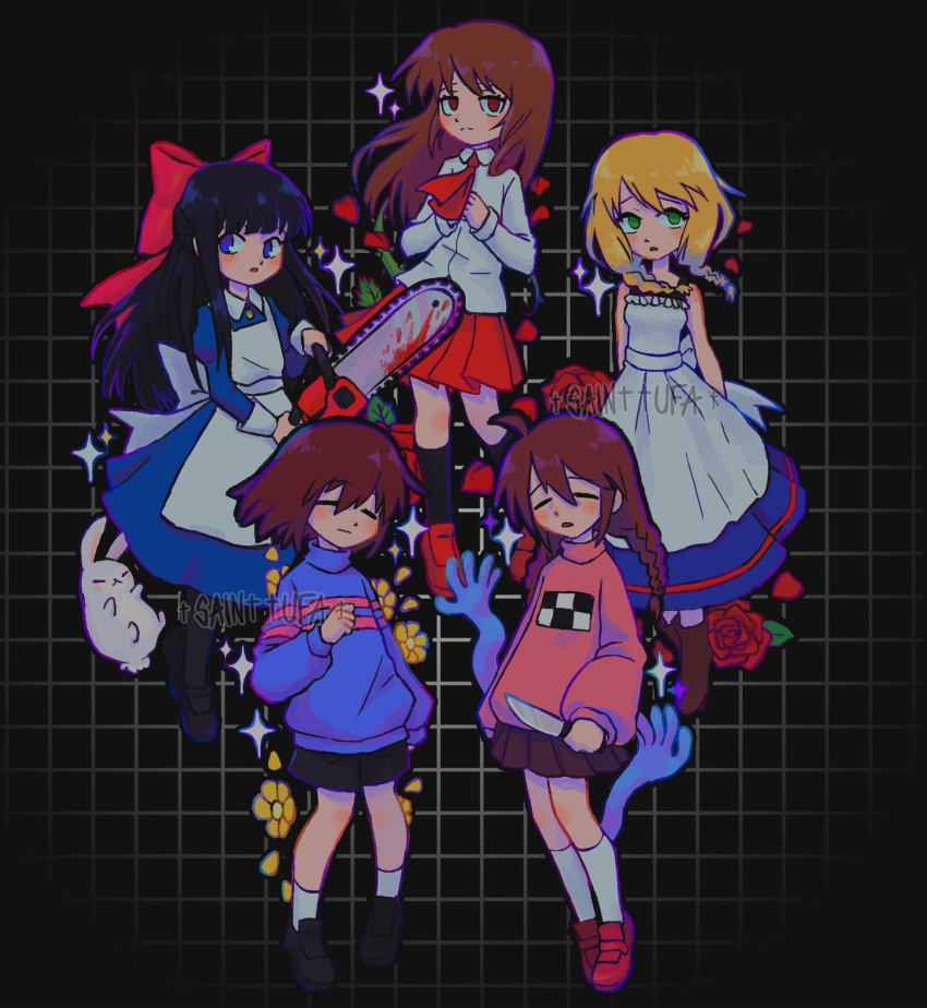 1other 4girls apron ascot aya_drevis black_background black_hair blonde_hair blue_dress boots bow braid brown_footwear brown_hair chainsaw closed_mouth dress expressionless flower frisk_(undertale) green_eyes hair_bow highres ib ib_(ib) juliet_sleeves long_hair long_sleeves looking_at_viewer mad_father madotsuki majo_no_ie multiple_girls open_mouth pink_bow puffy_sleeves rabbit red_ascot red_eyes red_skirt rose sainttufa shirt shoes skirt sparkle twin_braids undertale very_long_hair viola_(majo_no_ie) white_shirt wrist_cuffs yume_nikki
