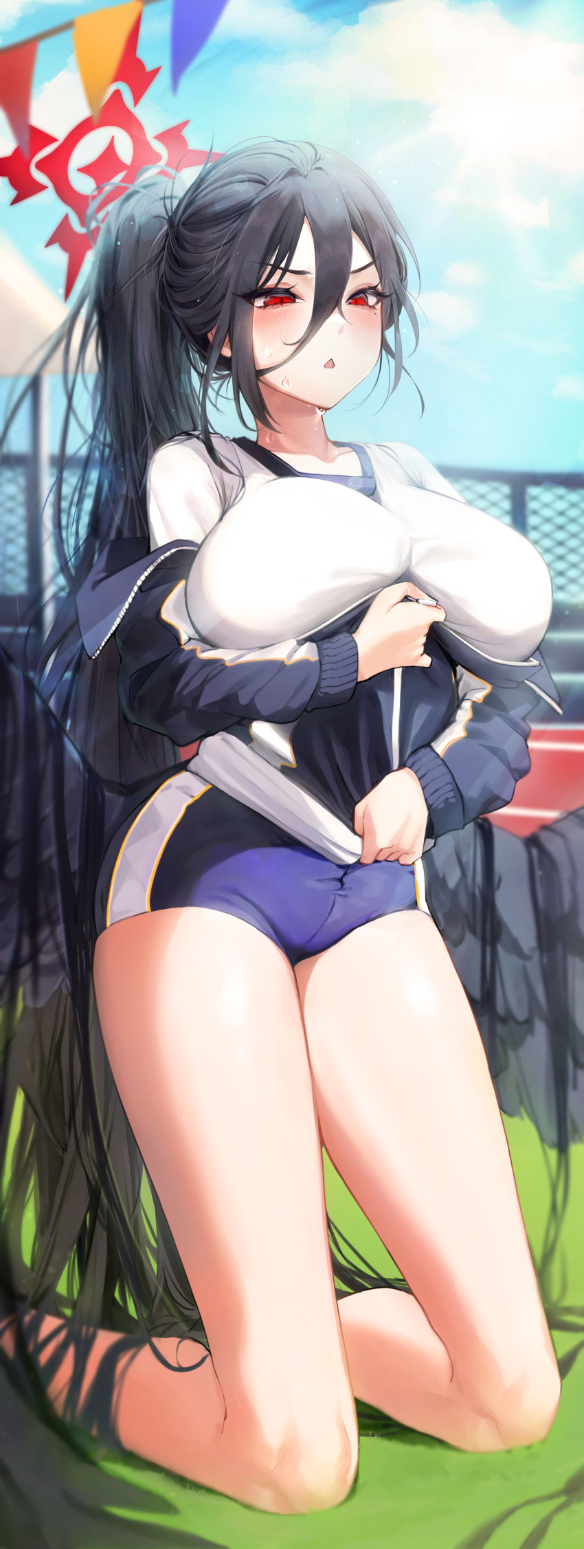 1girl absurdres bare_legs bare_shoulders black_hair black_wings blue_archive blue_jacket blue_shorts blush breasts cheosnuni commentary_request day feathered_wings feet_out_of_frame gym_shirt gym_shorts gym_uniform hair_between_eyes halo hasumi_(blue_archive) hasumi_(track)_(blue_archive) highres inconvenient_breasts jacket kneeling large_breasts large_wings long_hair long_sleeves looking_down low_wings mole mole_under_eye off_shoulder official_alternate_costume outdoors parted_lips partially_unzipped ponytail red_eyes red_halo running_track shirt shorts solo string_of_flags sweat track_jacket undersized_clothes very_long_hair white_shirt wings zipping