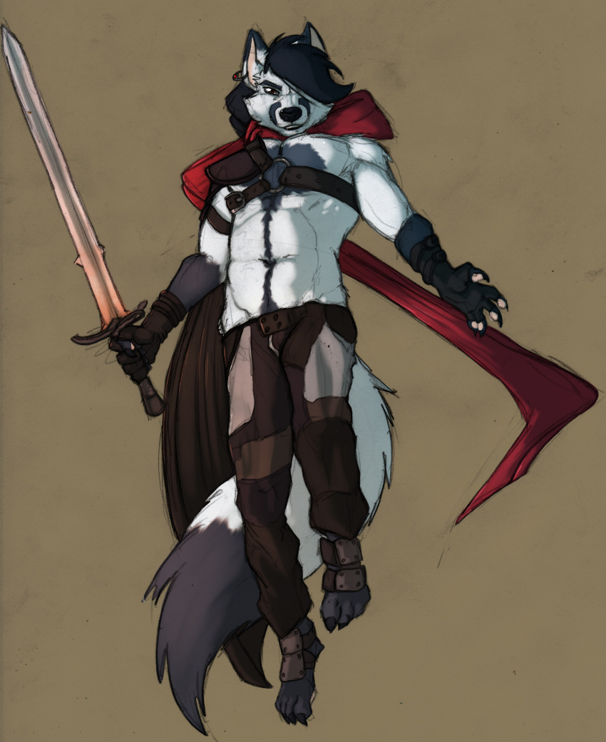 absurd_res anthro canid canine cape clothing floating fox hi_res lenn_(lennfox) magic_user male mammal melee_weapon scarf solo sword umpherio warrior weapon