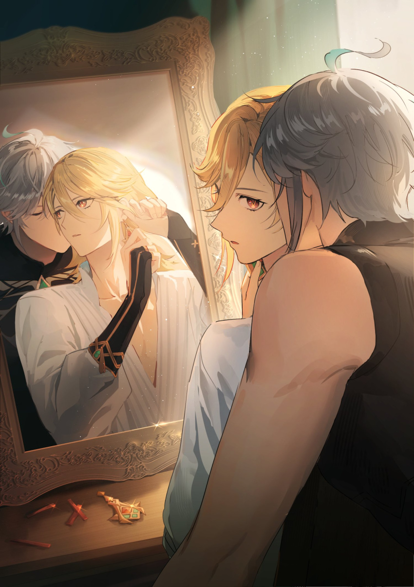 2boys ahoge alhaitham_(genshin_impact) aqua_hair black_shirt blonde_hair closed_eyes commentary curtains earring_removed earrings english_commentary from_behind genshin_impact glint grey_hair hair_between_eyes hair_ornament hairclip hairclip_removed highres ichigawa_(lethe) jewelry kaveh_(genshin_impact) kiss kissing_ear light_particles looking_at_another looking_back male_focus medium_hair mirror multicolored_hair multiple_boys parted_lips putting_on_jewelry shirt short_hair sleeveless sleeveless_turtleneck streaked_hair sunlight surprise_kiss surprised table turtleneck upper_body v-neck white_shirt wooden_table yaoi