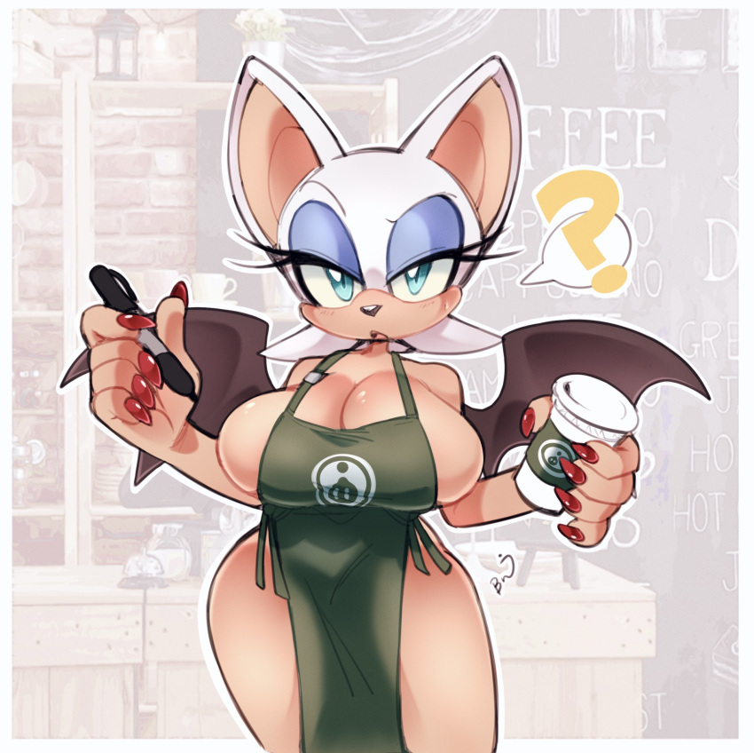 1girl ? alternate_costume animal_ears animal_nose apron aqua_eyes artist_name bare_arms bare_shoulders bat_ears bat_girl bat_wings blue_eyeshadow blush border breasts brick_wall call_bell chalkboard chao_(sonic) character_print cleavage colored_sclera commentary counter cowboy_shot cup cupboard disposable_cup english_commentary english_text eyeshadow fingernails flipped_hair furry furry_female green_apron hands_up highres holding holding_cup holding_marker huge_breasts iced_latte_with_breast_milk_(meme) indoors kaijumilk_(milkchaotea) logo_parody looking_at_viewer makeup marker meme nail_polish naked_apron open_mouth outline outside_border plant plate point-of-sale_system potted_plant print_apron raised_eyebrow red_nails rouge_the_bat sharp_fingernails short_hair sideboob signature solo sonic_(series) sonic_adventure sonic_adventure_2 speech_bubble spoken_question_mark standing starbucks sweatdrop thick_thighs thighs tongue white_border white_fur white_hair white_outline wings yellow_sclera